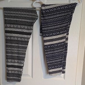 Kids Gray Patterned Leggings - Cozy Heart & Stripe Print